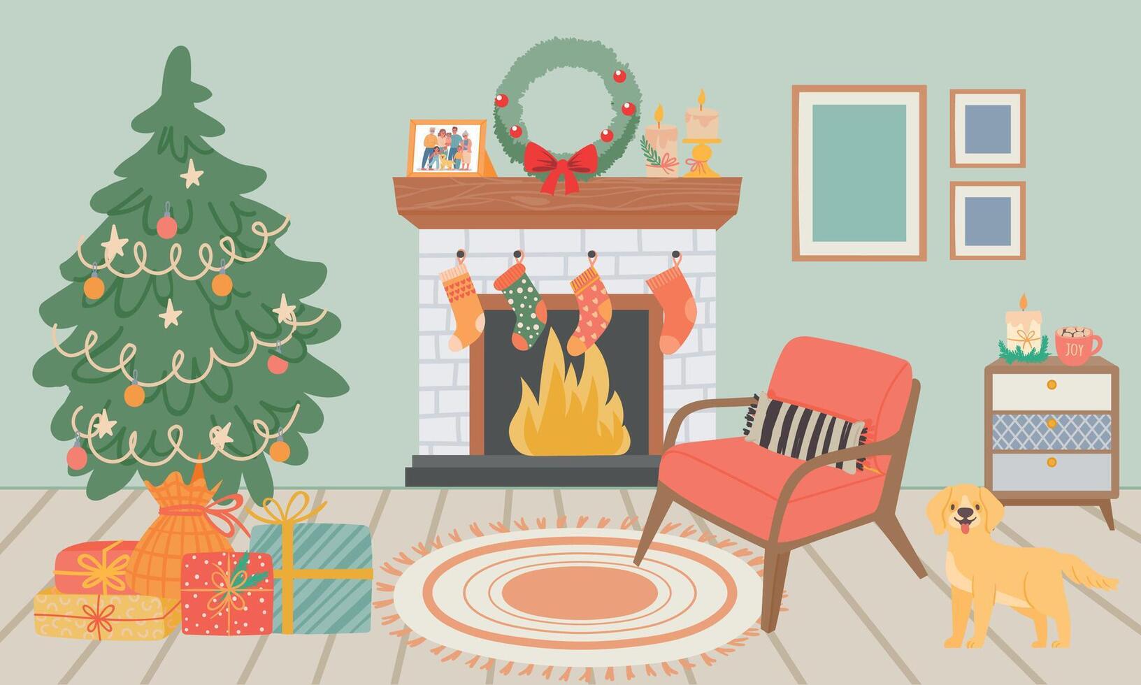 Noël intérieurs pièce avec cheminée et chaise vecteur