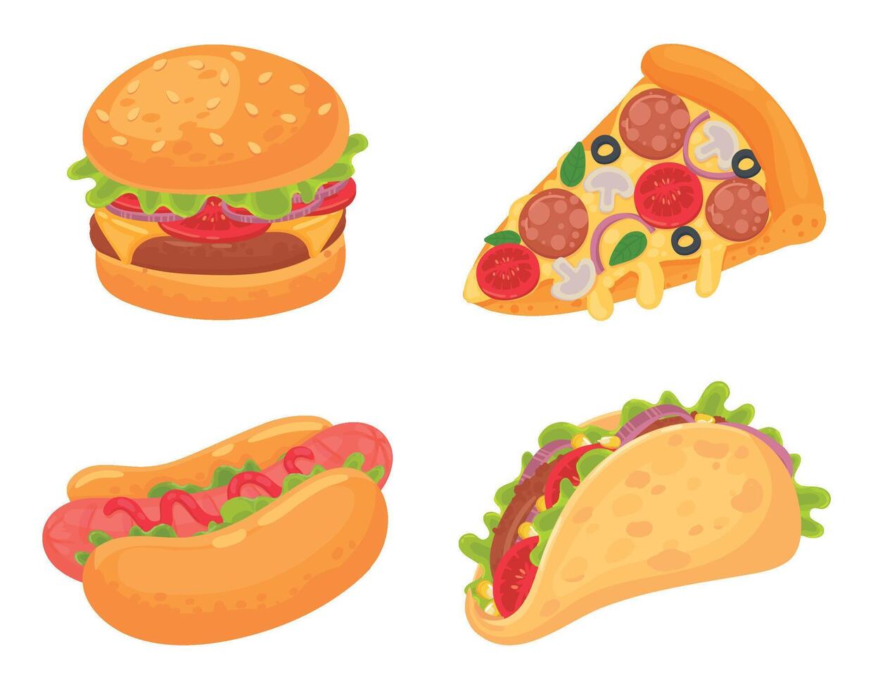 dessin animé vite nourriture repas. Pizza avec salami, champignons et tomate, Burger avec grillé Viande et des légumes vecteur