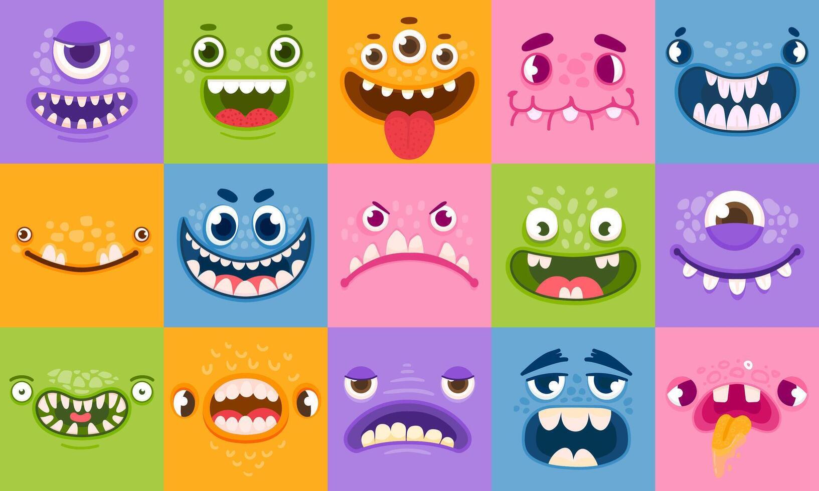 monstre visages. marrant dessin animé monstres têtes, yeux et bouches. effrayant personnages pour enfants. Halloween monstres ou extraterrestres émotions vecteur ensemble