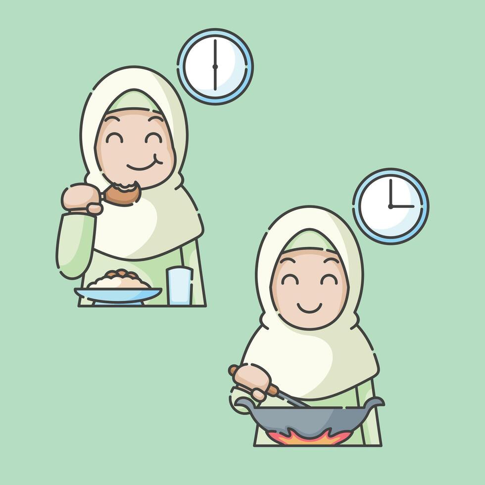 Ramadan activité fille vecteur arts. islamique Activités dans quotidien. dessin animé personnage pour les enfants