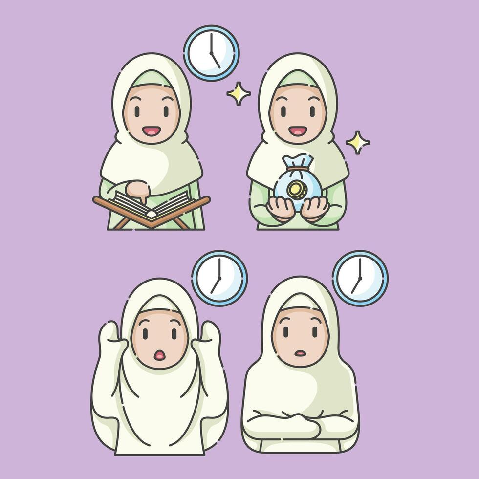 Ramadan activité fille vecteur arts. islamique Activités dans quotidien. dessin animé personnage pour les enfants