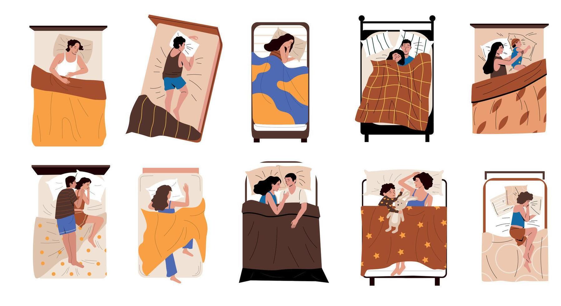 gens en train de dormir dans lit. dessin animé personnages mensonge en dessous de couvertures, rêver et repos, divers Jeune et adulte personnages dans différent pose. vecteur ensemble