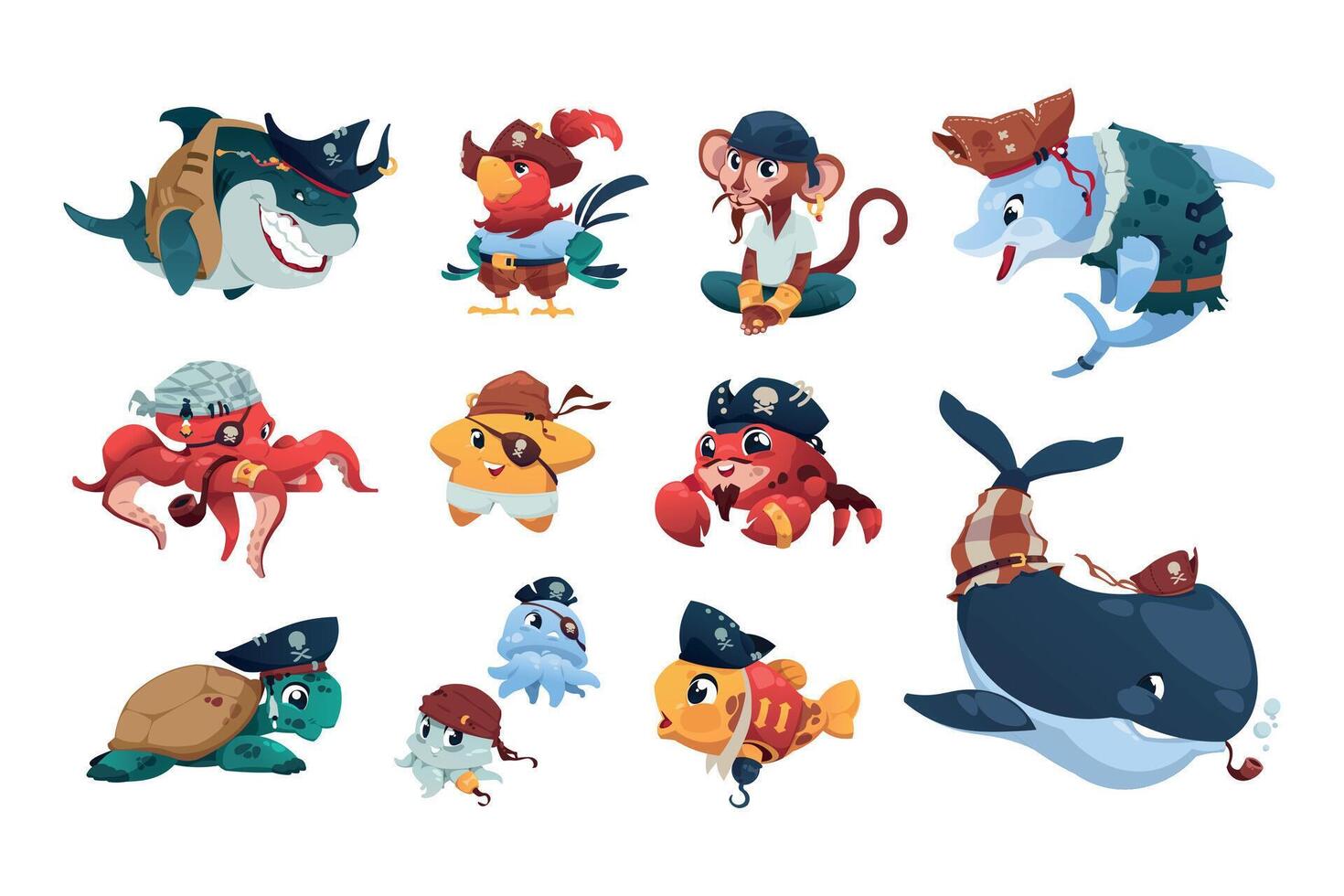 pirate mer animaux. dessin animé nautique animaux portant pirate Chapeaux et bandanas, mignonne courageux poisson requin singe perroquet Crabe et tortue. vecteur marrant Marin personnages ensemble