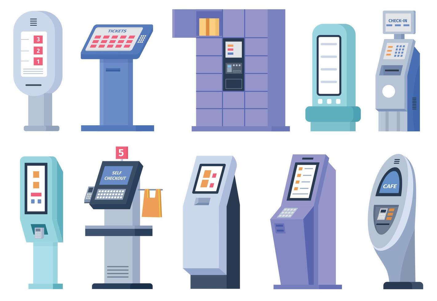 plat soi commande terminaux et kiosques avec écran tactile afficher. numérique interactif un service planche pour des billets, au m et check-out vecteur ensemble