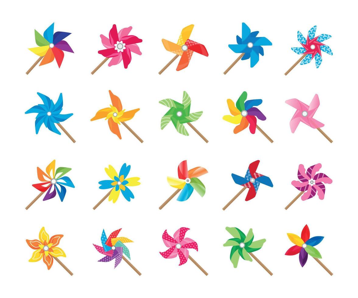 moulinet jouet. dessin animé papier Moulin à vent coloré bébé jouet tourné par vent énergie, mignonne épinglé roue été jouet collection. vecteur origami ventilateur ensemble