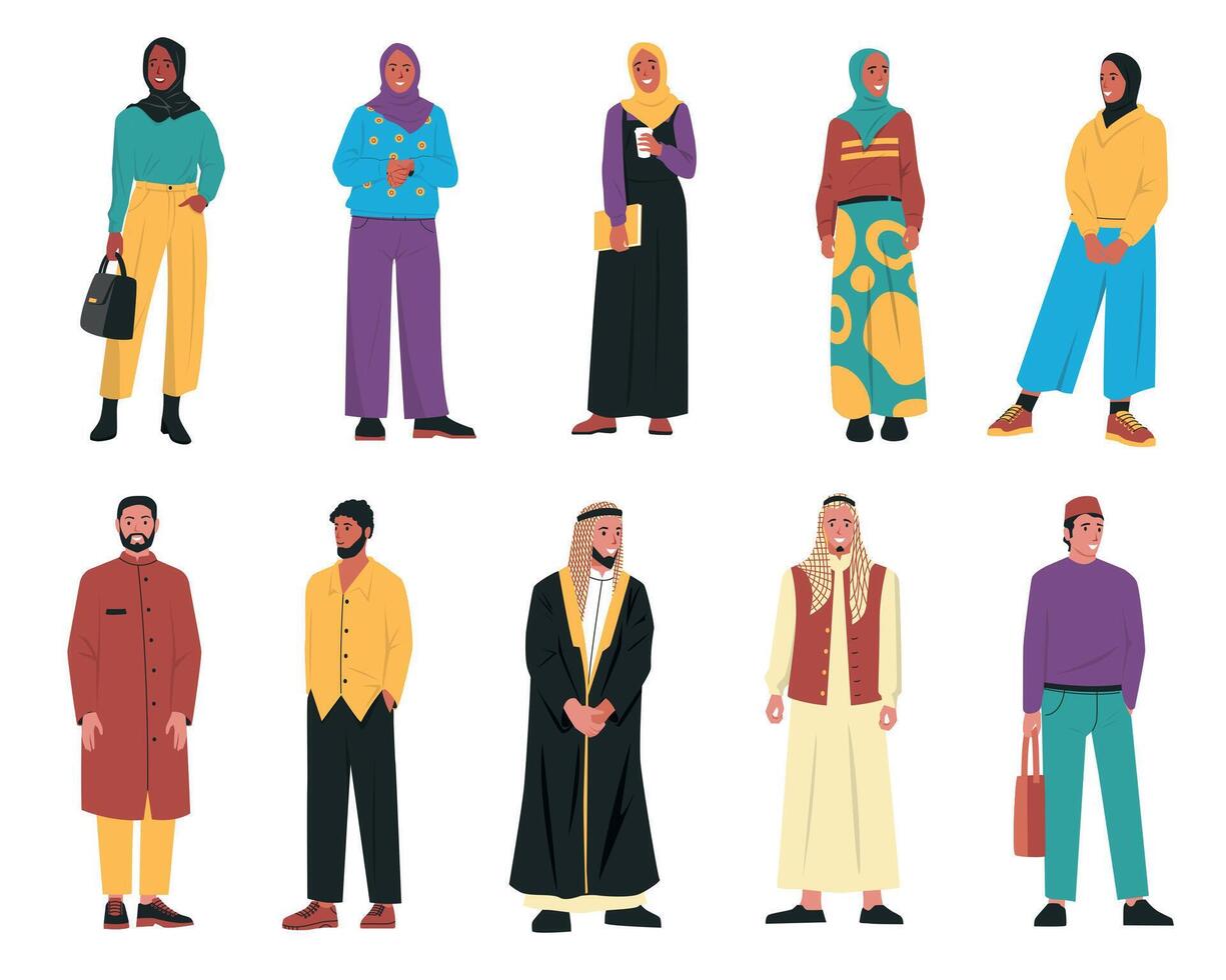 divers arabe personnes. dessin animé musulman Masculin femelle personnages, les personnes dans traditionnel arabe vêtements, femme dans hijab homme dans islamique couvre-chef. vecteur ensemble