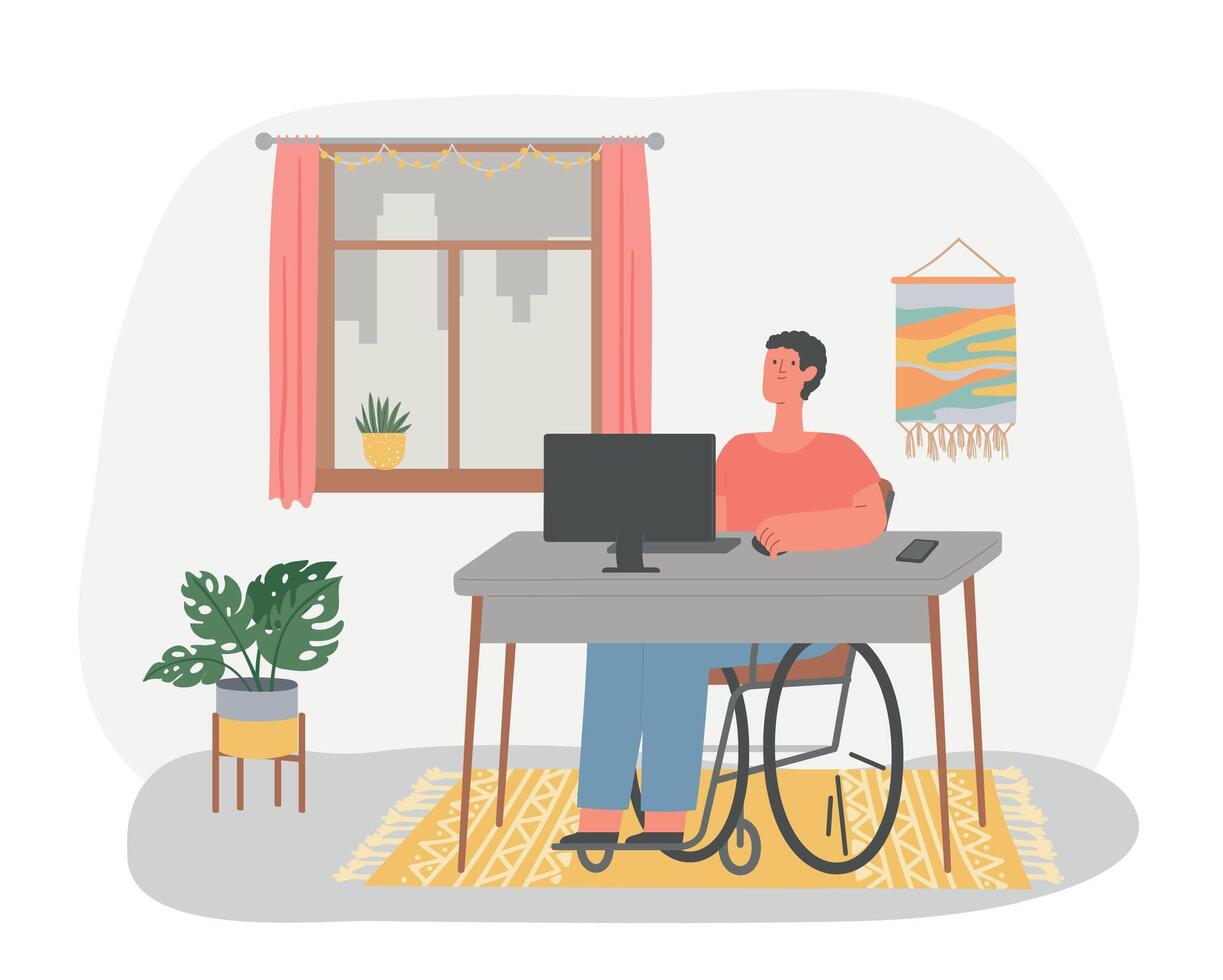 désactivée homme dans fauteuil roulant travail à ordinateur dans maison. free-lance ouvrier séance à bureau dans de face de bureau ordinateur vecteur