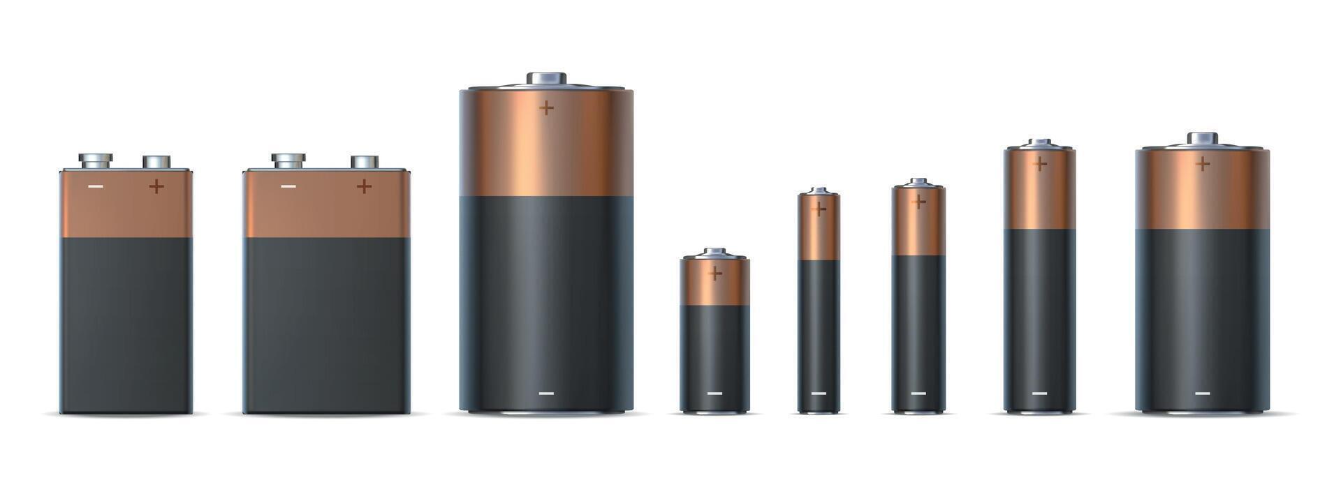réaliste alcalin batterie tailles aa, aaa et ré. piles les types. chimique électrique Puissance la source dans métal cylindre. 3d charge icône vecteur ensemble