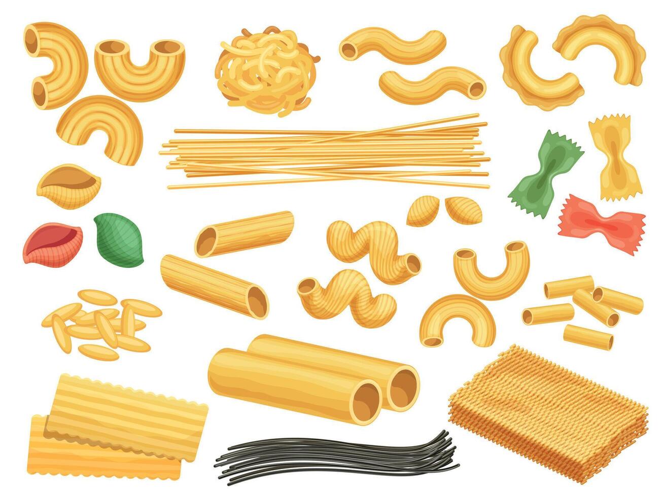 dessin animé blé Pâtes des produits, nouilles, Fettuccine et noir spaghetti. italien cuisine pâte nourriture, conchiglie, spirale, Penne type vecteur ensemble