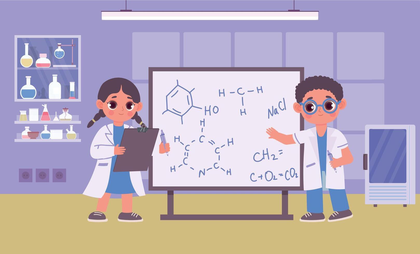 dessin animé des gamins dans robes faire chimie expérience, les enfants scientifiques vecteur