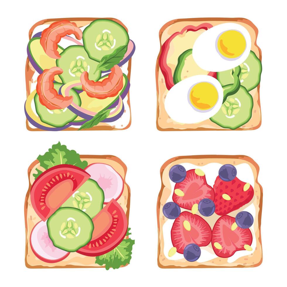 en bonne santé des sandwichs de ensemble, Haut de voir. illustration de repas isolé, petit déjeuner ou le déjeuner savoureux vecteur nutrition