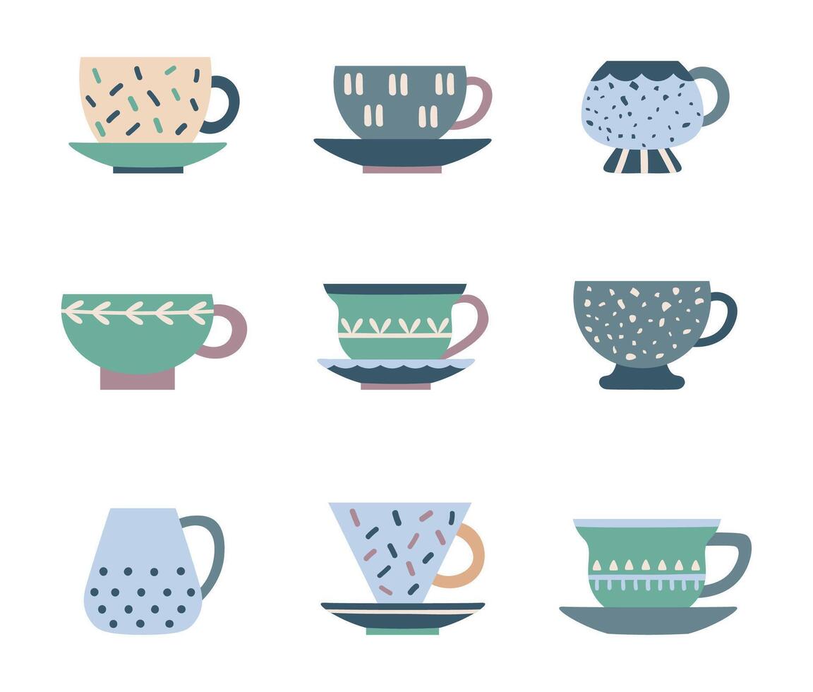 céramique cuisine tasse à thé avec mignonne décoratif conception. porcelaine thé service, des tasses et soucoupe pour en buvant vecteur