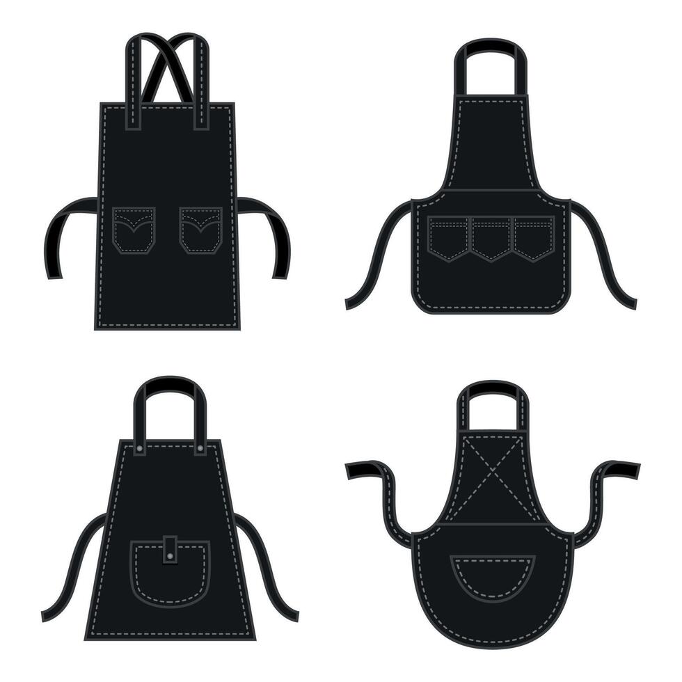 noir cuisines tabliers de différent formes avec les poches. professionnel uniforme pour chef. protecteur accessoire vecteur
