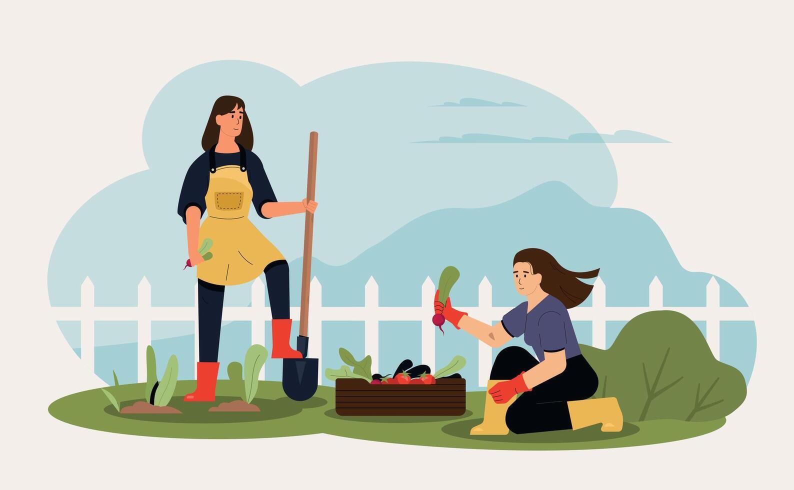 agricole des employés travail dans jardin. femme plantation des radis avec pelle. ami portion et donnant des légumes vecteur