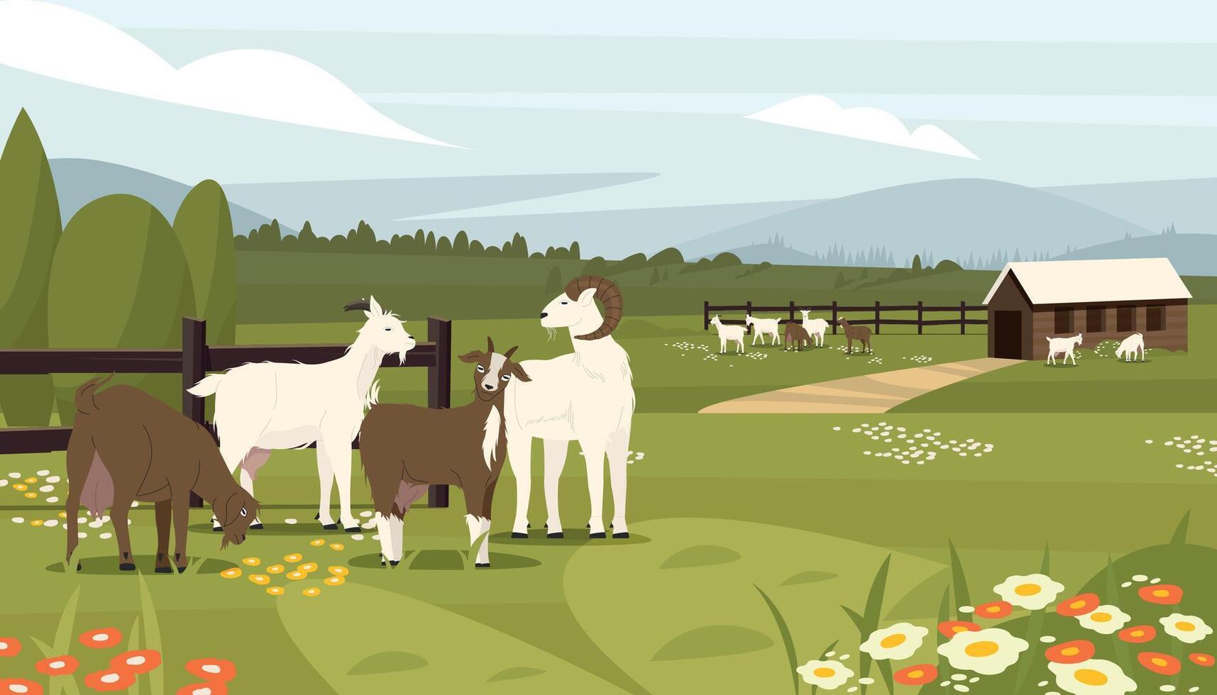 chèvre cultiver. ferme avec laitier animaux, chalet avec bébé Masculin et femelle chèvres, biologique ferme pour laitier Lait production. vecteur rural ferme animaux paysage
