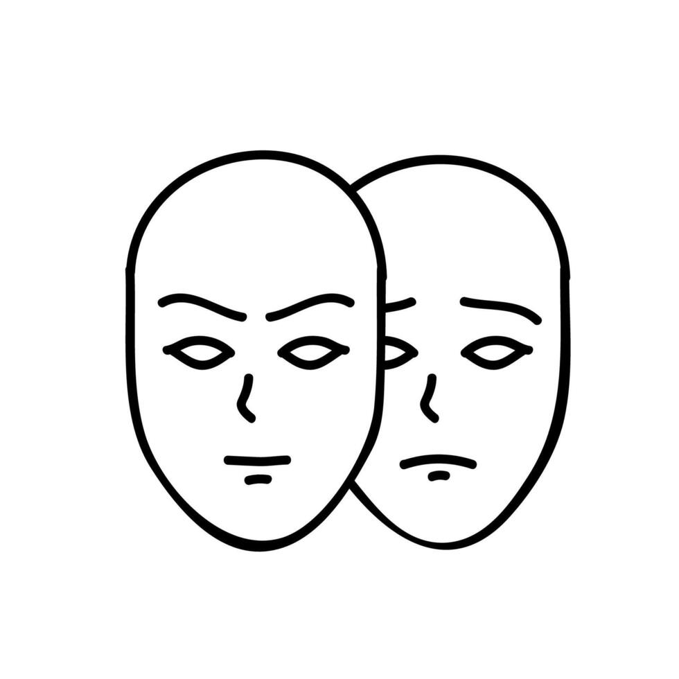 Profond faux icône. deux visage masques avec différent humeurs. main tiré vecteur illustration. modifiable ligne accident vasculaire cérébral