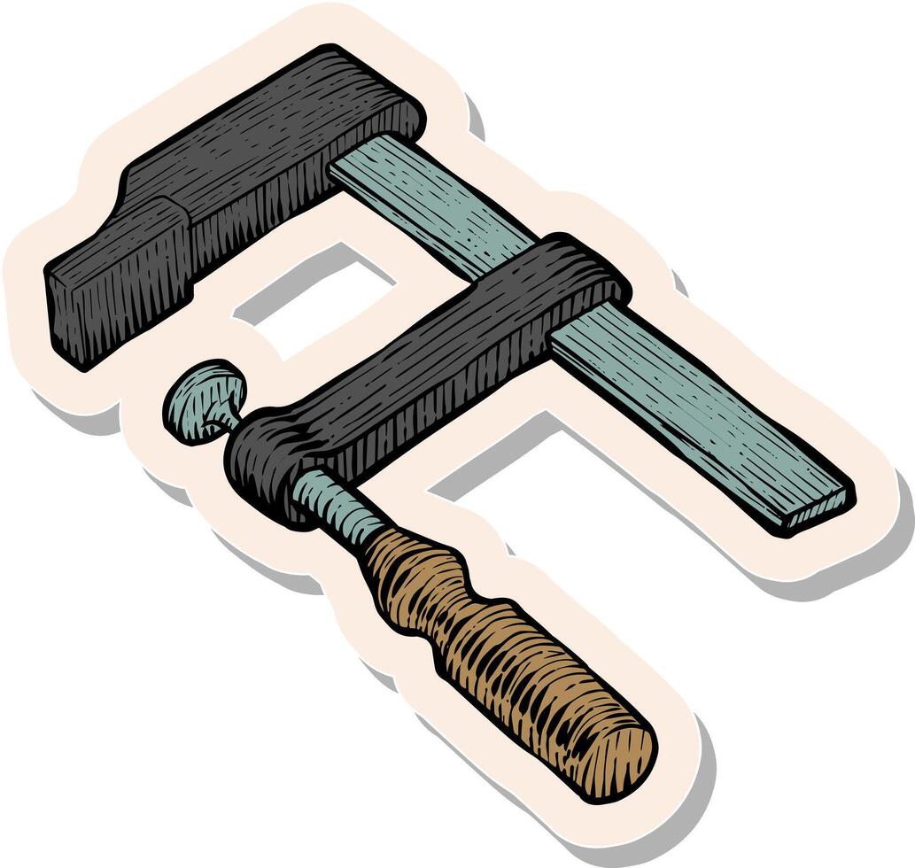 main tiré autocollant style en bois serrer icône travail du bois outil vecteur illustration