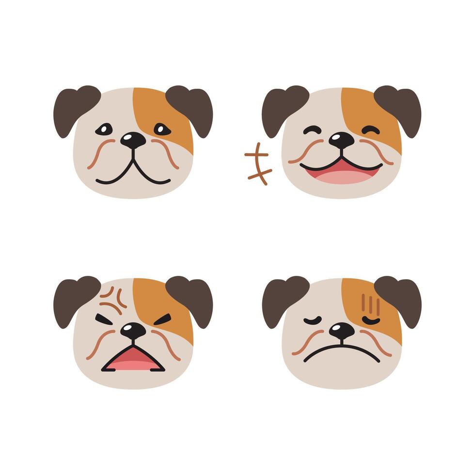 ensemble de mignonne personnage bouledogue visages montrant différent émotions vecteur