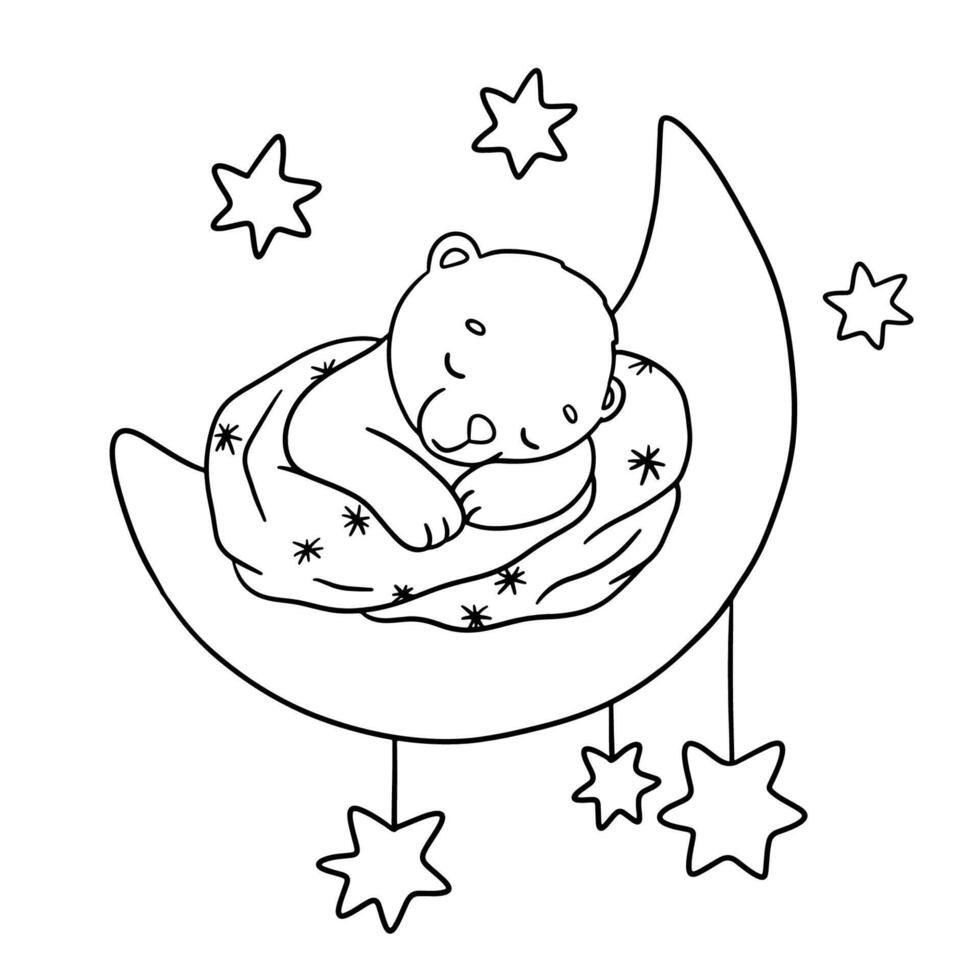 mignonne rêver ours sur lune avec étoiles. dessin animé main tiré vecteur contour illustration pour coloration livre. ligne bébé animal isolé sur blanc