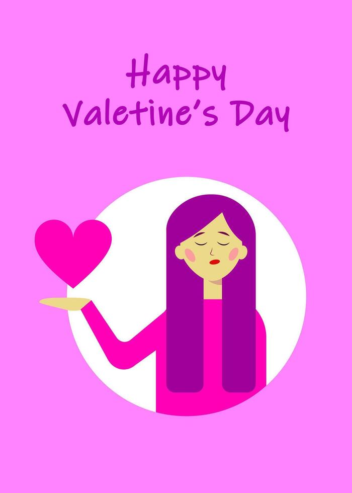 la Saint-Valentin journée. une fille avec violet cheveux détient cœurs dans sa main. plat vecteur illustration.
