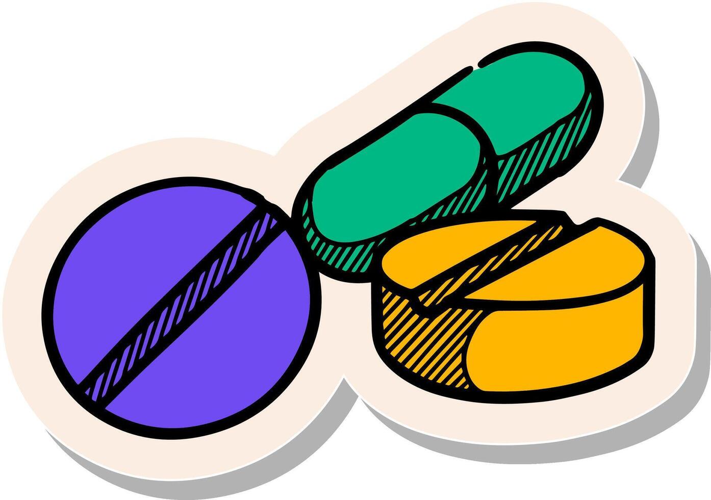 main tiré autocollant style pilules icône vitamine médicament drogues vecteur illustration