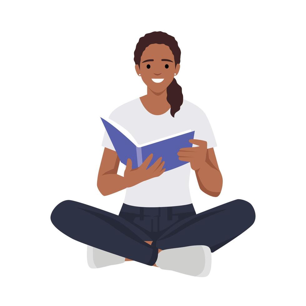 Jeune femme lit une livre, jambes franchi. loisir et éducation concept. le concept de une livre festival, équitable, en train de lire vecteur