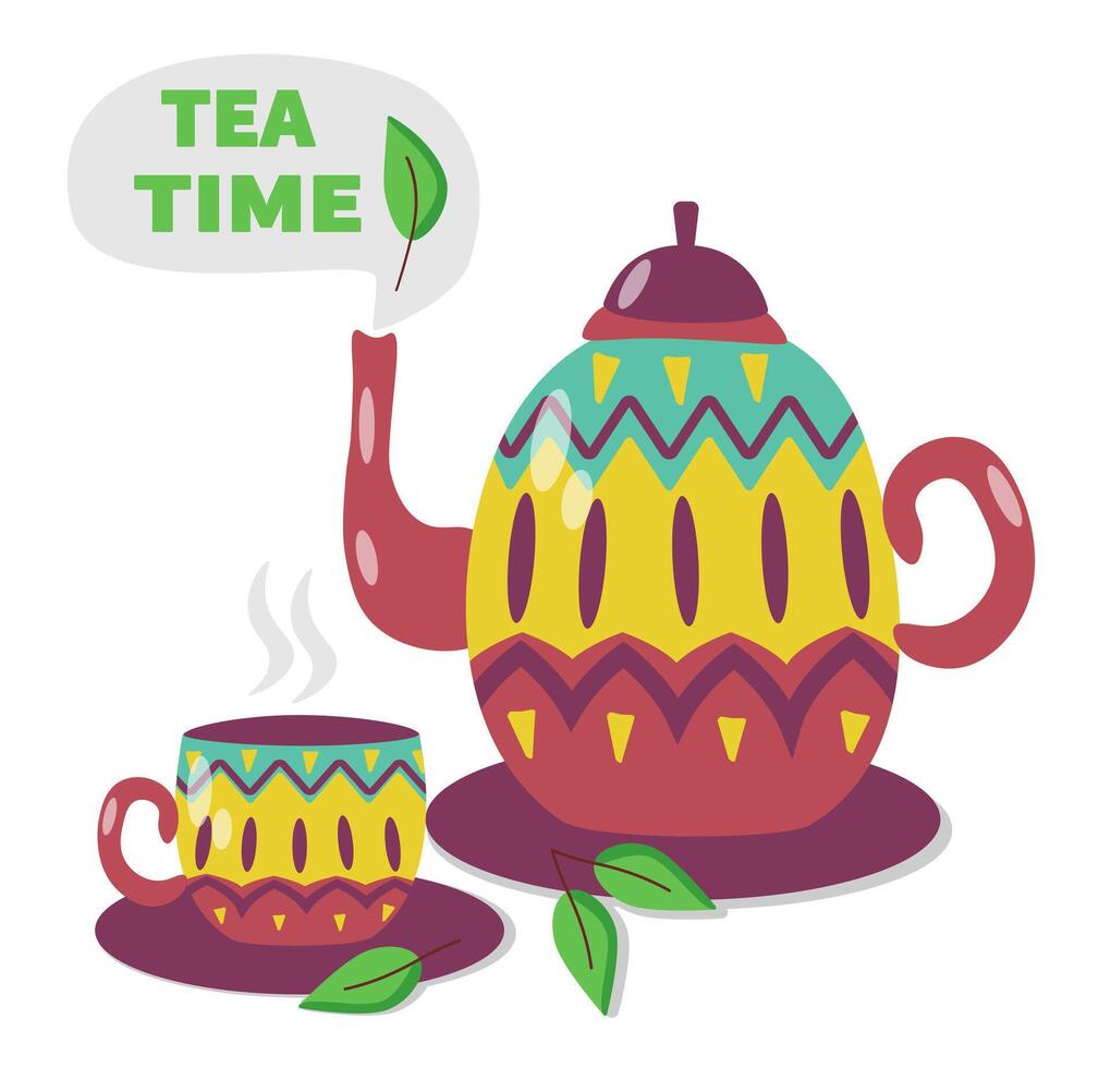 ancien thé bouilloire avec Coupe. rustique théière avec tasse à thé, feuilles composition. coloré plat vecteur illustration isolé sur blanc Contexte