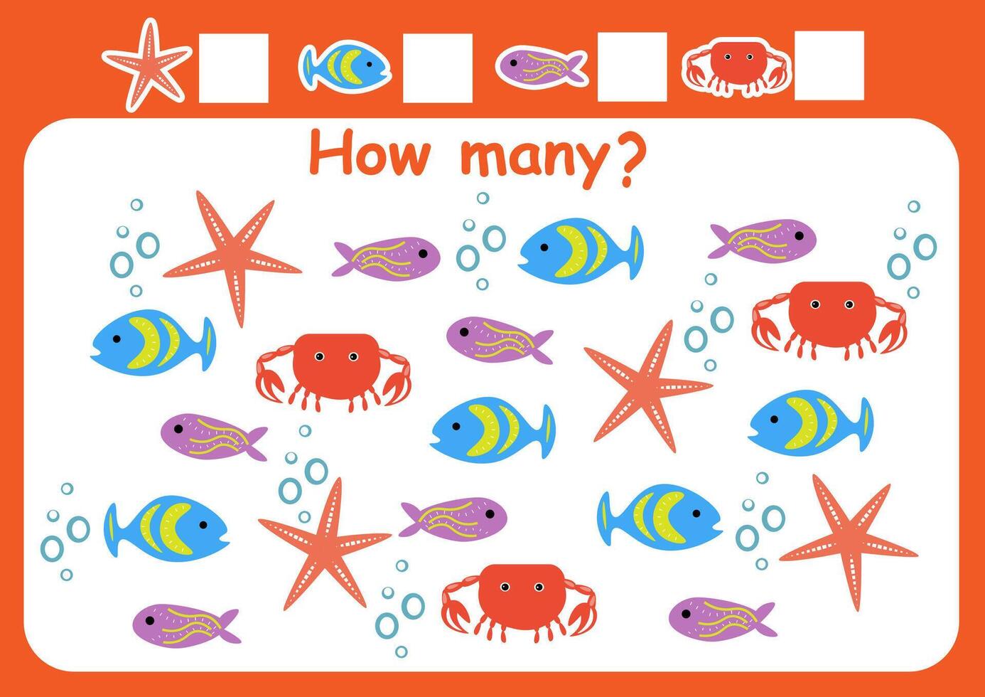 Comment beaucoup mer animaux sont là. compte Jeu pour les enfants. math affectation pour enfants d'âge préscolaire. vecteur