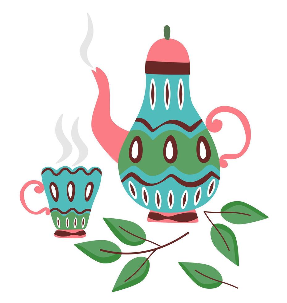 ancien thé bouilloire avec Coupe. rustique théière avec tasse à thé, feuilles composition. coloré plat vecteur illustration isolé sur blanc Contexte