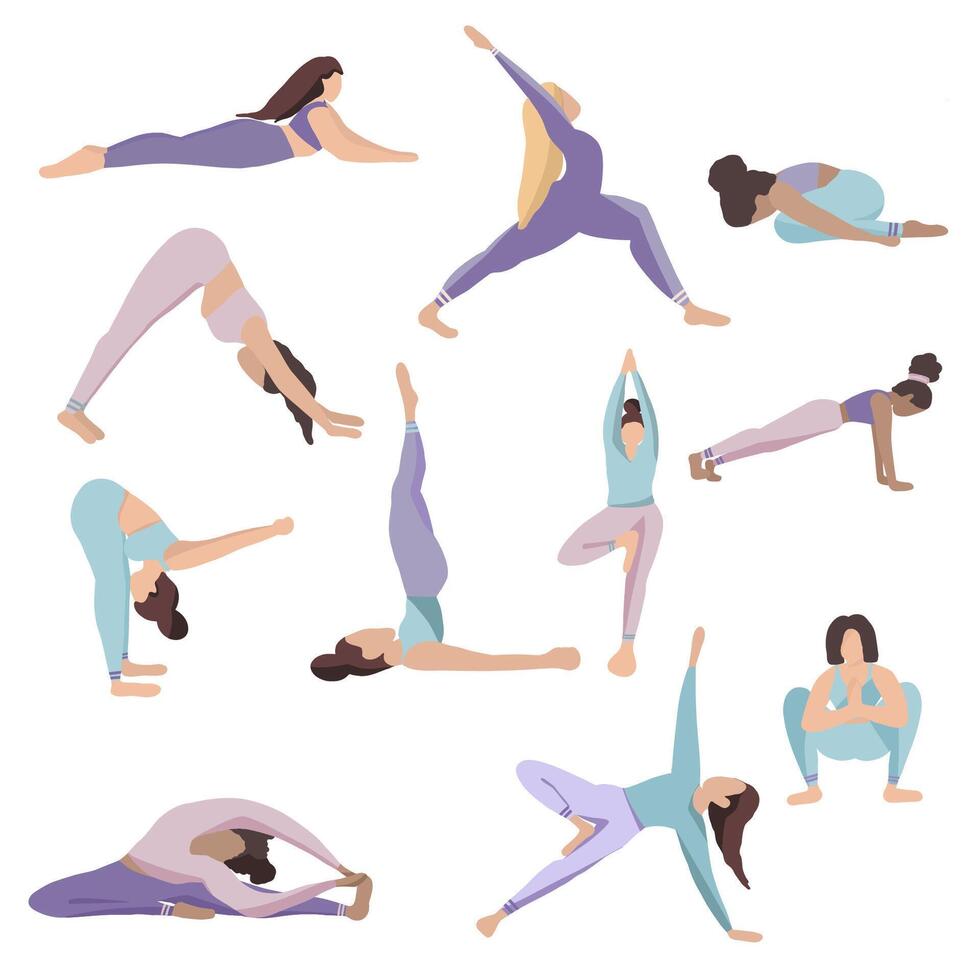 yoga pose plat conception les filles personnage Assana méditation ensemble vecteur