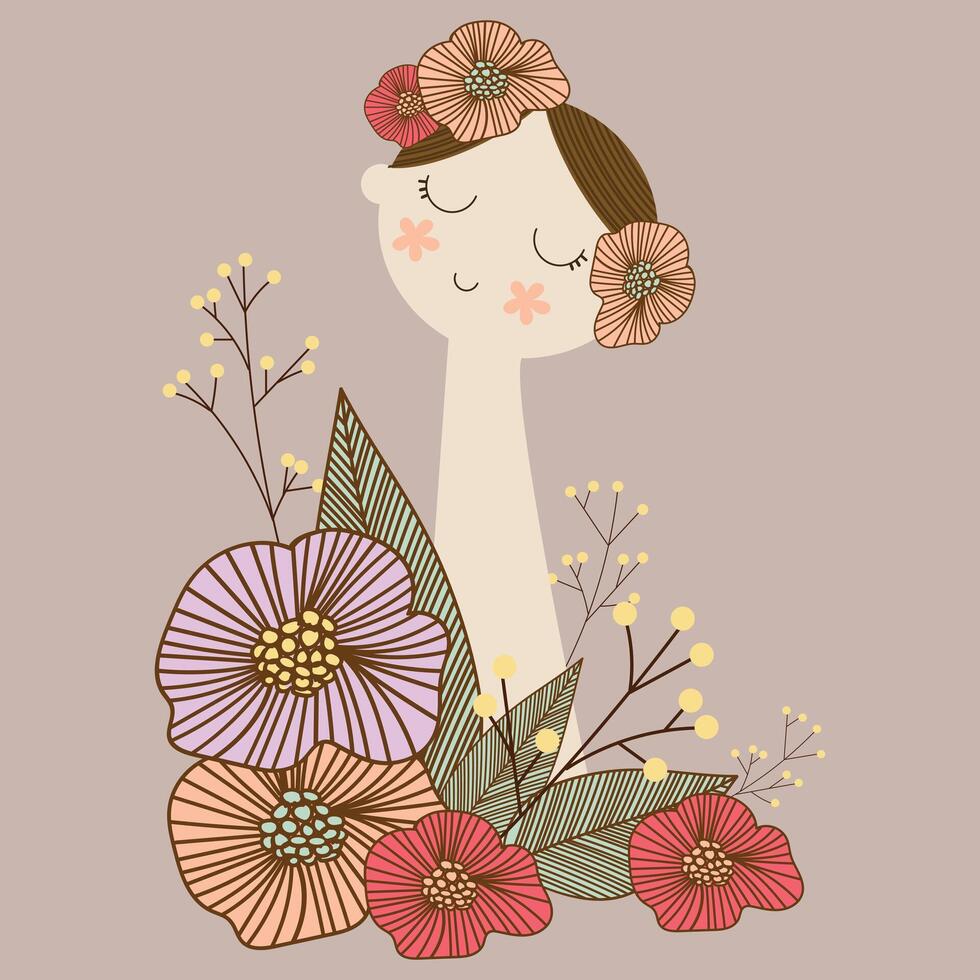 mignonne femme avec fleur floral et plante main tiré clipart vecteur illustration pour décoration carte affiche Contexte modèle