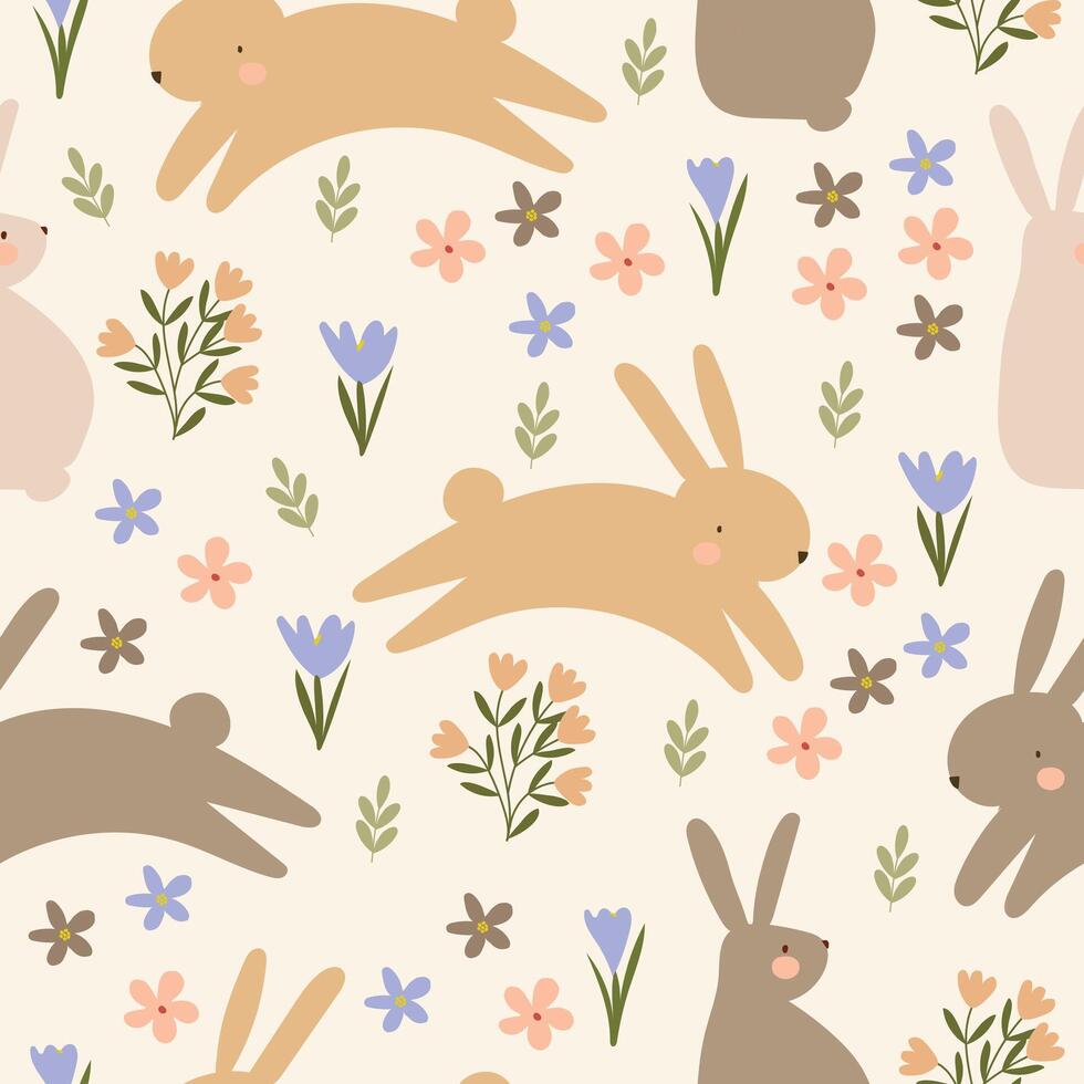 lapin saut dans sauvage fleurs jardin main tiré sans couture modèle Contexte mur papier vecteur illustration