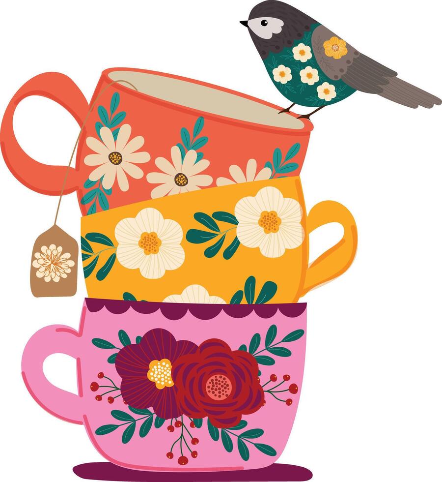 oiseau sur empiler de ancien fleurs thé tasses main tiré clipart vecteur illustration pour invitation salutation anniversaire fête fête mariage carte affiche bannière textile fond d'écran papier emballage Contexte