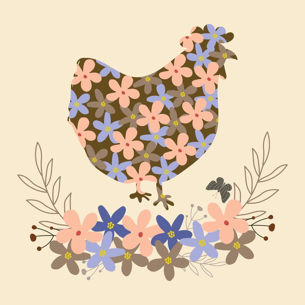 pastel Pâques fleurs sauvages poulet avec fleurs couronne main tiré élément clipart vecteur illustration