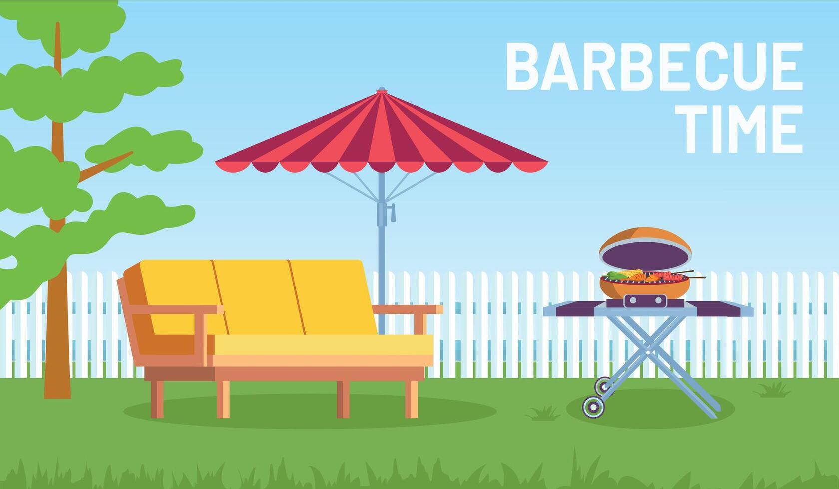 un barbecue dans jardin. dessin animé été Extérieur arrière-cour barbecue fête avec meubles, parapluie, nourriture sur gril vecteur
