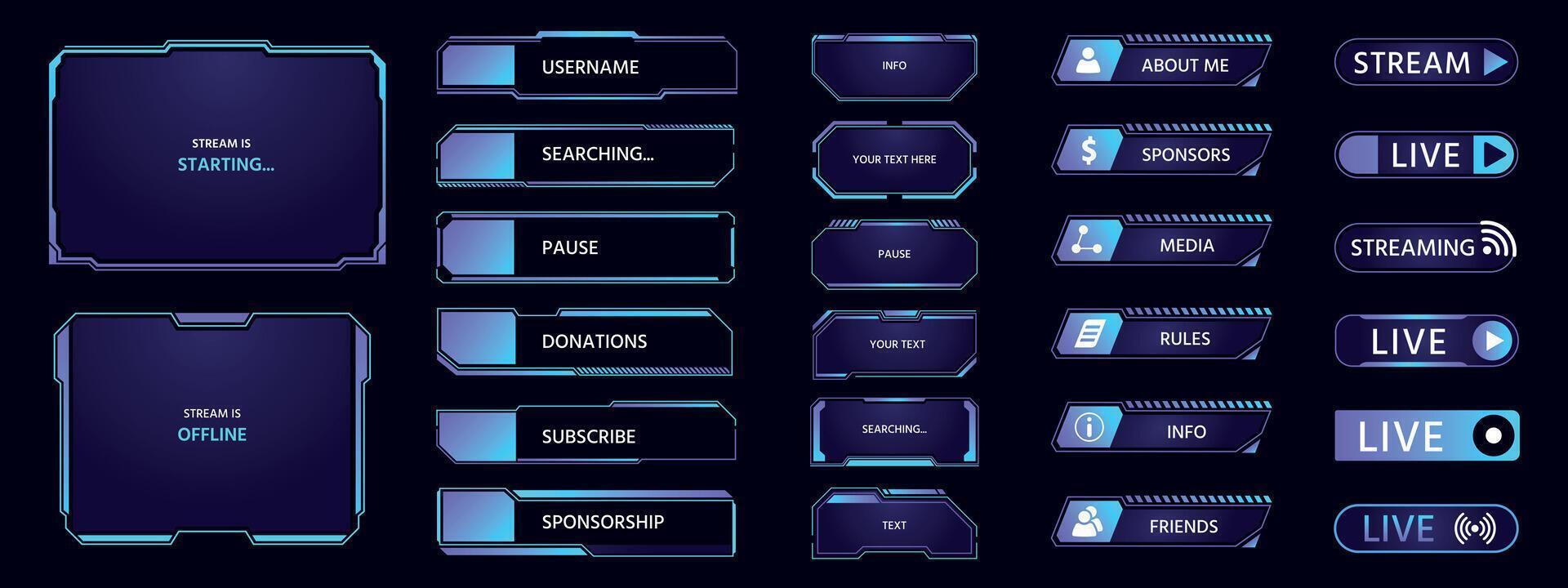 Jeu flux. hud futuriste recouvrir avec cadres boutons bannières et panneaux, tableau de bord apparaitre fenêtre disposition pour la télé et Jeu streaming. vecteur frontière ui