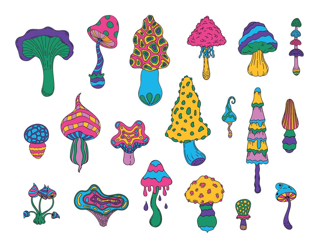 psychédélique coloré champignons. griffonnage champignon vénéneux amanite chanterelle fantaisie hallucinogène agrafe art, Fée hippie forêt les plantes. vecteur ensemble