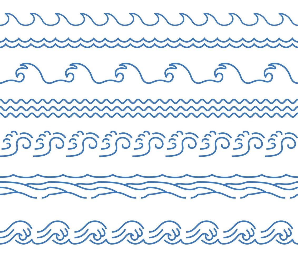 l'eau vague horizontal doubler. sans couture bleu rivière vague frontière logo l'eau symbole, océan plage rivière marée contour symbole. vecteur isolé ensemble
