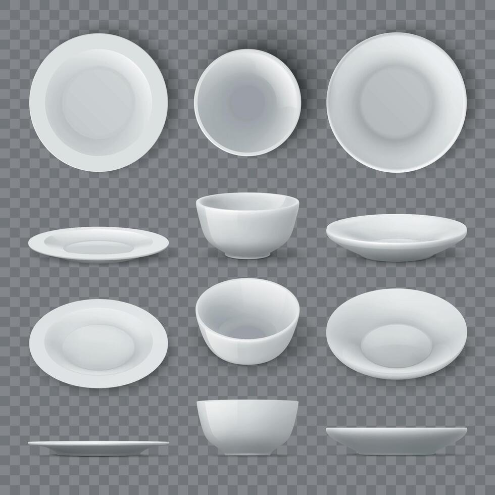 dîner assiettes maquettes. réaliste blanc céramique vaisselle et vide bol haut, angle et côté vues. porcelaine rond vaisselle plat 3d vecteur ensemble