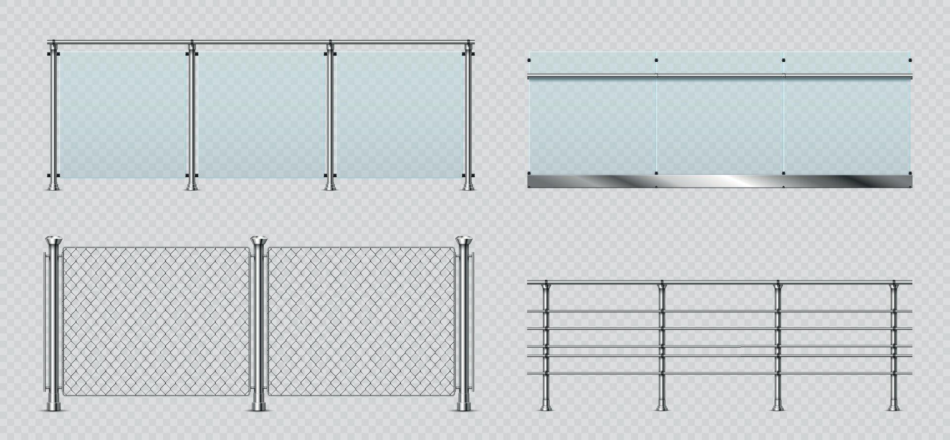 réaliste verre et métal balcon garde-corps, câble clôture. transparent terrasse balustrade avec acier balustrade. bassin escrime sections vecteur ensemble