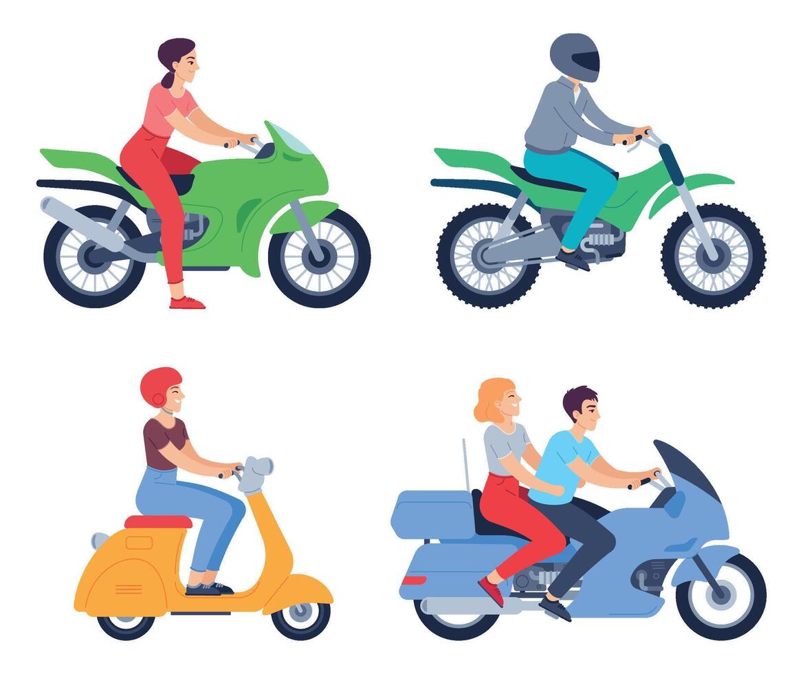 moto cavaliers. gens dans casque sur scooter et moto. femelle et Masculin personnages en voyageant sur moto vecteur