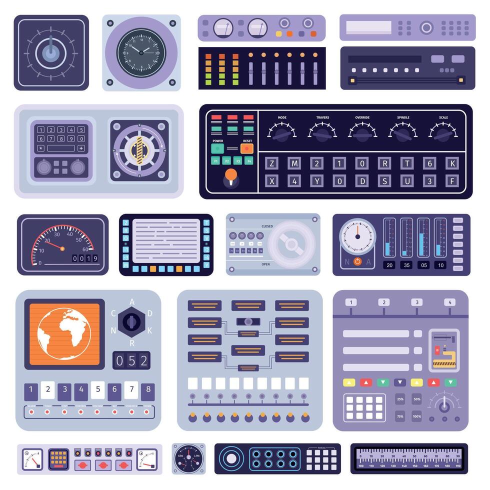 espace contrôle tableau de bord panneau, capteurs Les données et affiche. vaisseau spatial cockpit boutons, poignées, cadrans et boutons. vaisseau spatial console vecteur ensemble