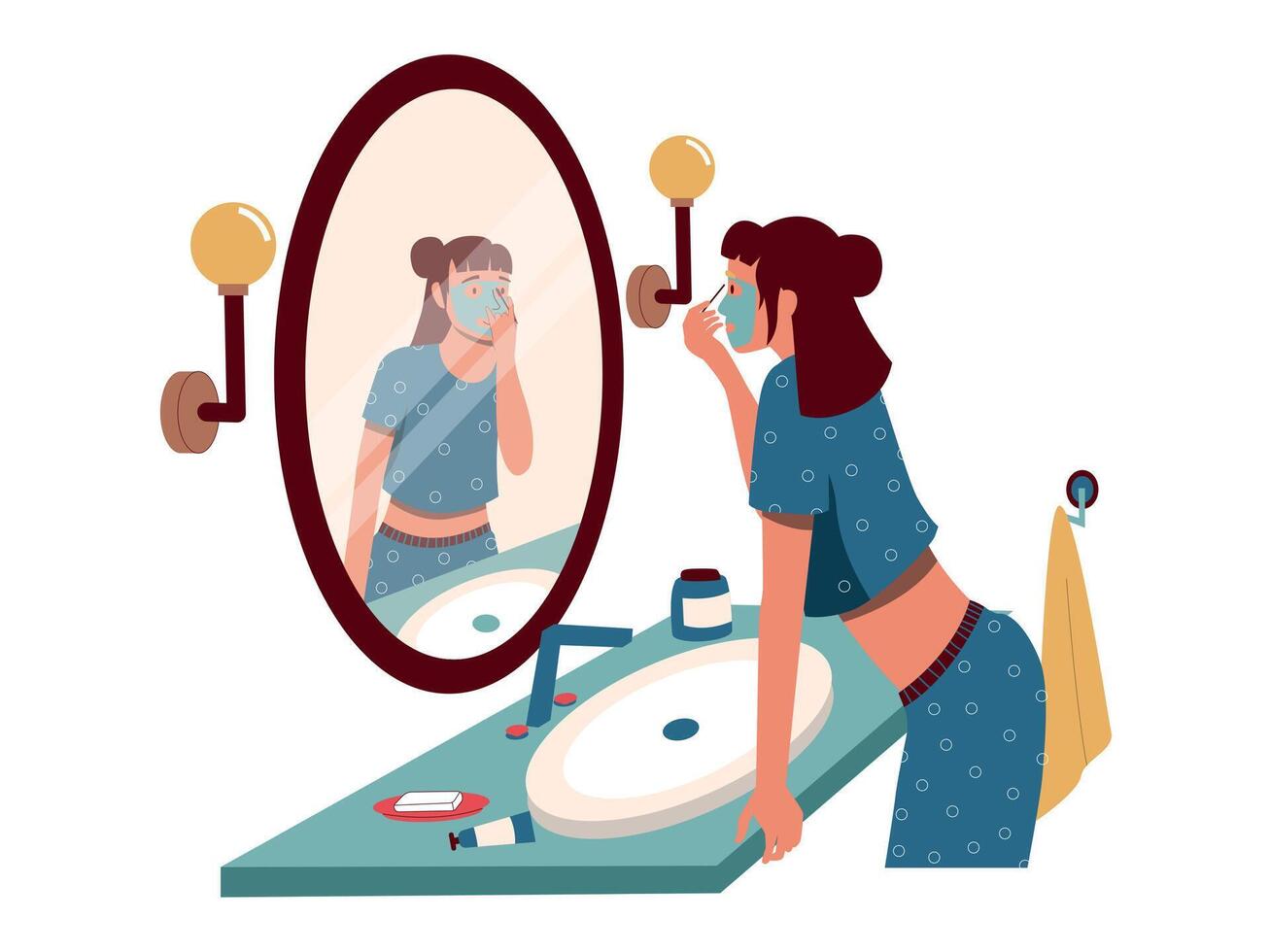 femme à la recherche à salle de bains miroir. Matin fille hygiène et produits de beauté routine, dessin animé personnage permanent avant miroir. vecteur soi acceptation ou narcissisme concept