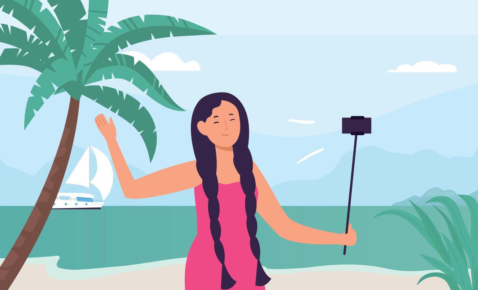 fille blogueur record Voyage vlog tenir téléphone sur selfie bâton. femelle personnage ayant vacances sur bord de mer vecteur