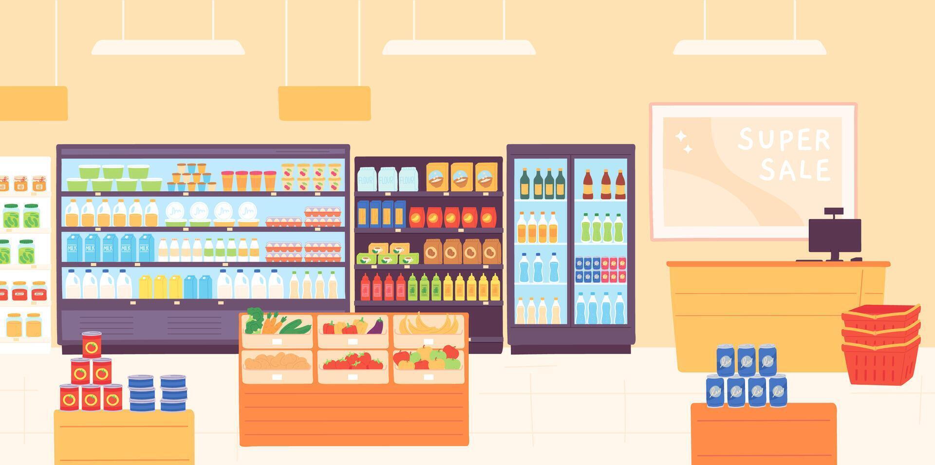 épicerie magasin intérieur. supermarché avec nourriture produit étagères, racks avec laitier, des fruits, frigo avec les boissons et la caissière. boutique vecteur concept