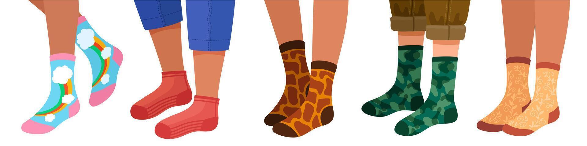 jambes dans chaussettes. femmes et Hommes jambe dans branché chaussette paires avec modèle et texture. plat dessin animé femelle pieds dans élégant chaud chaussettes vecteur ensemble