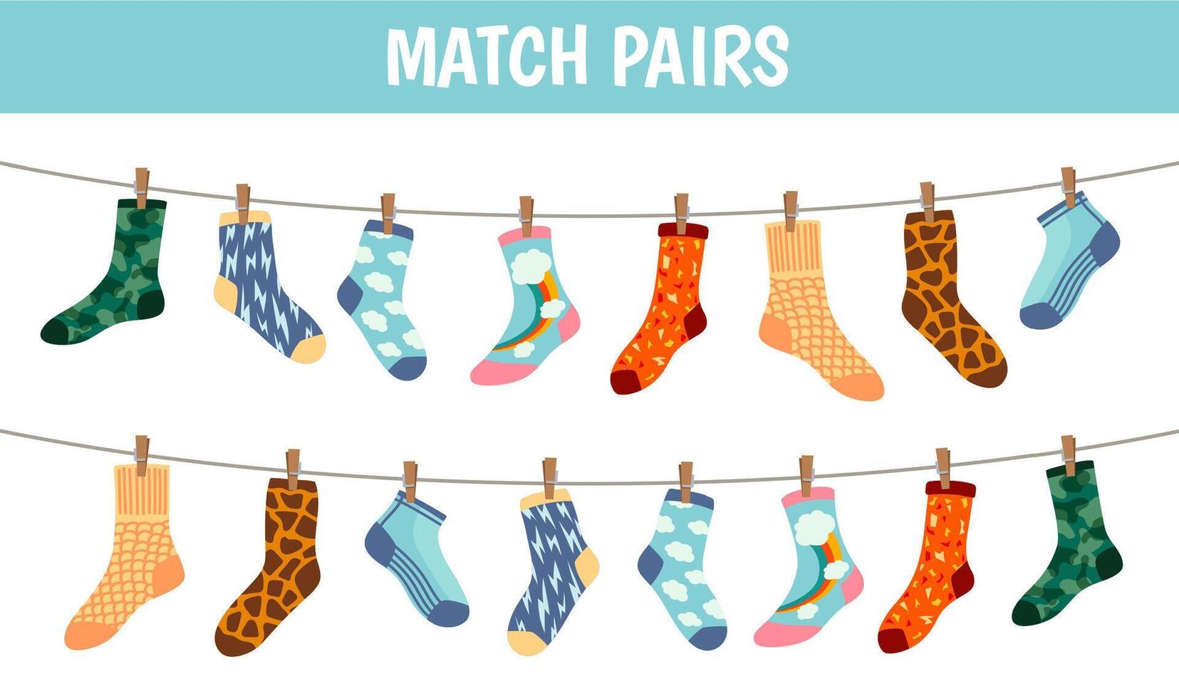 correspondant à chaussettes jeu. puzzle trouver paire. préscolaire les enfants éducatif feuille de travail activité. chaussettes sur blanchisserie corde. rencontre chaussette motifs vecteur