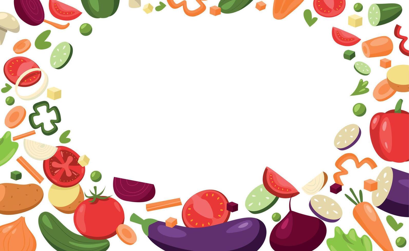 tranché des légumes encadrement. dessin animé haché Frais poivre oignon aubergine champignon concombre tomate, pièces de des légumes pour cuisson. vecteur en bonne santé nourriture Cadre bannière