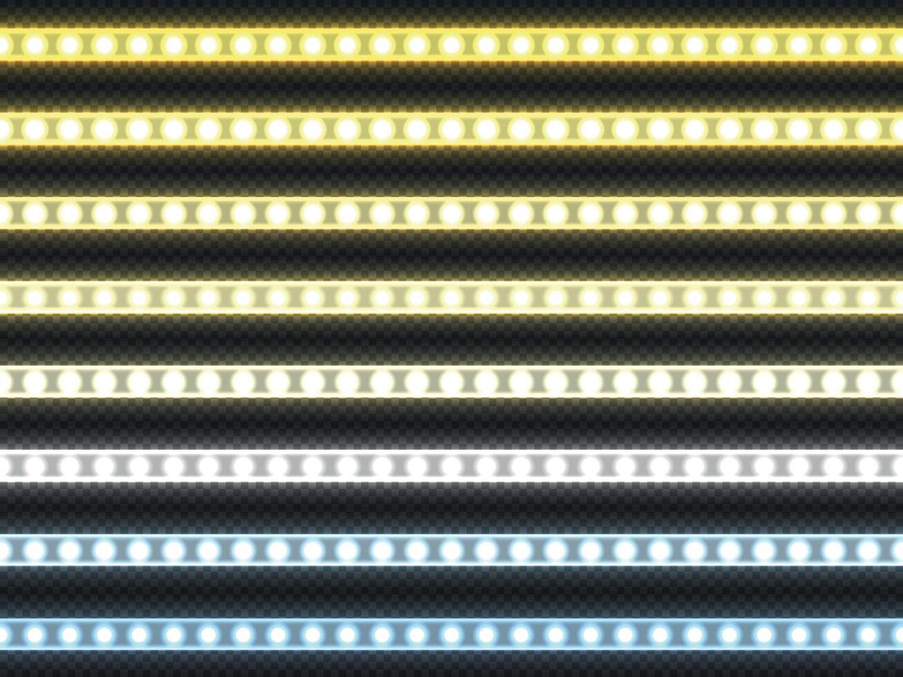 blanc LED bande. réaliste blanc lumière décoratif ruban de différent Couleur Température 3000 et 6500 Kelvin. vecteur embrasé diode bandes isoler ensemble