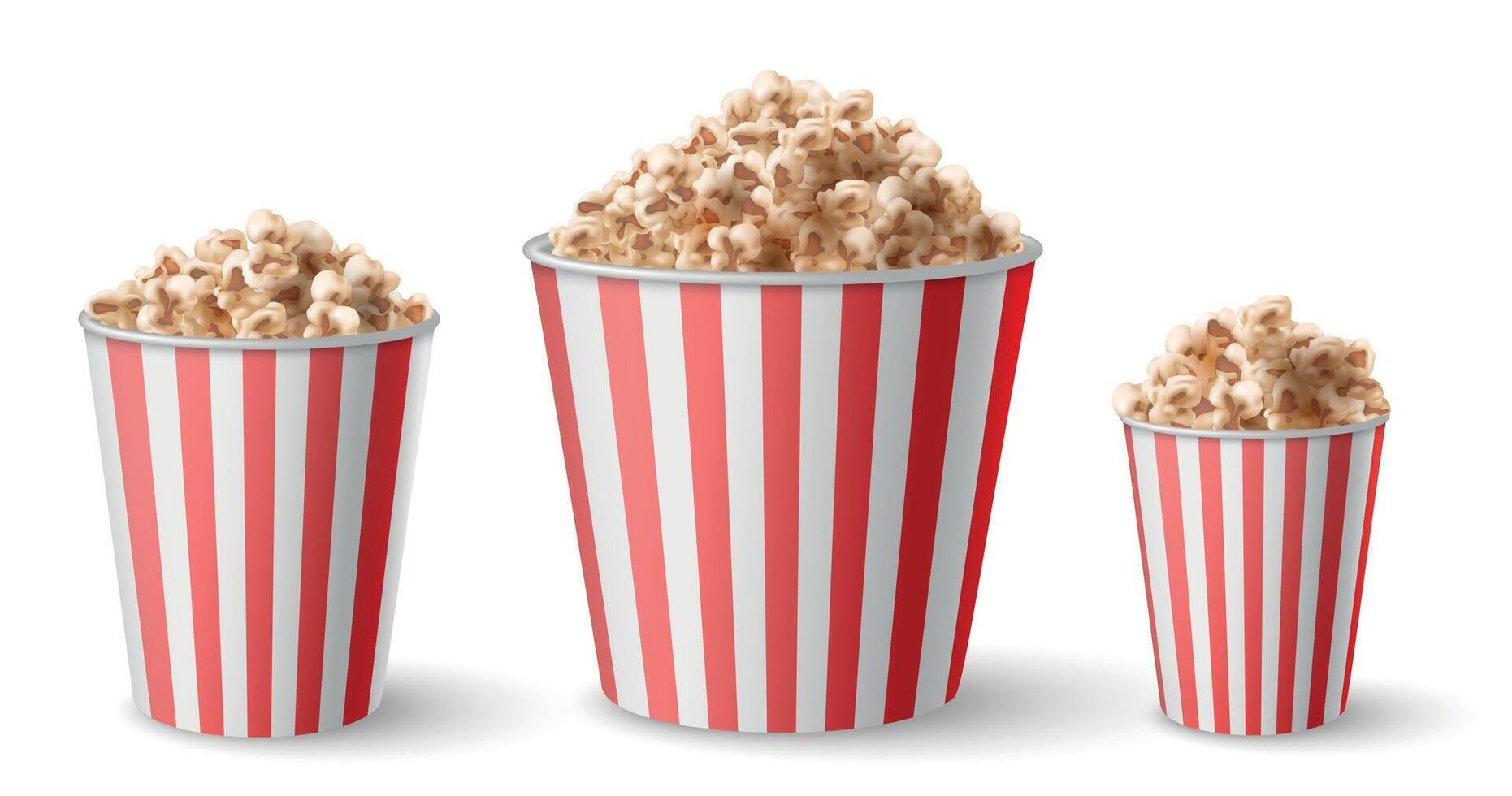 réaliste plein grand, moyen et petit pop corn seau. rouge rayé pop blé portion tasses tailles. film casse-croûte aliments. pop corn seaux vecteur ensemble